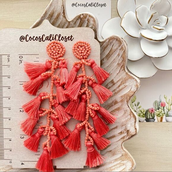 Boho Coral Pink Tiered Tassel Beaded Drop Earrings NWT - Picture 4 of 6